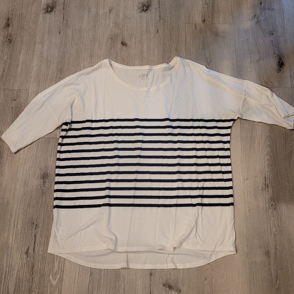 LOFT White & Navy Striped Scoop Neck Top